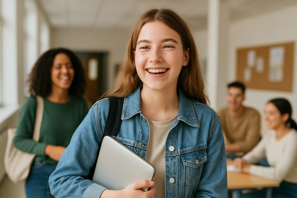 Happy teen socializing in school after receiving therapy for anxiety in Seal Beach