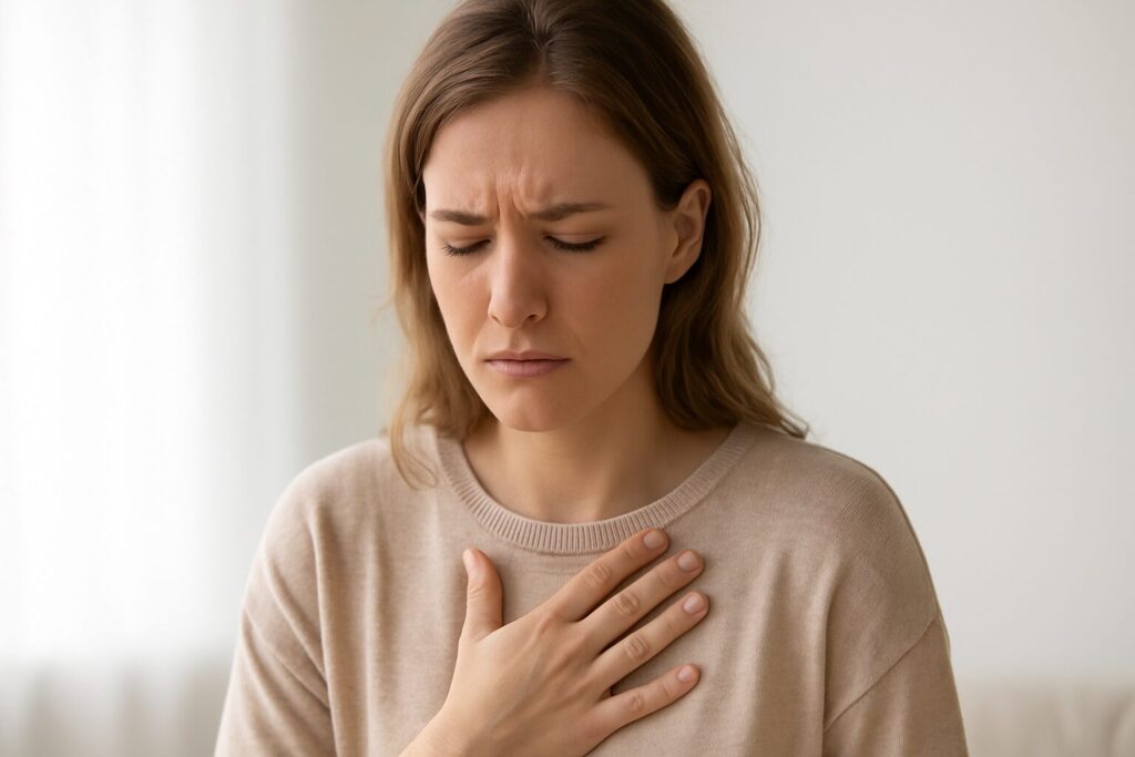 Person holding chest showing physical signs of stress like tension and racing heart