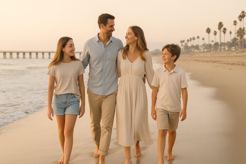 “Seal Beach lifestyle showing family enjoying the coast after managing stress”