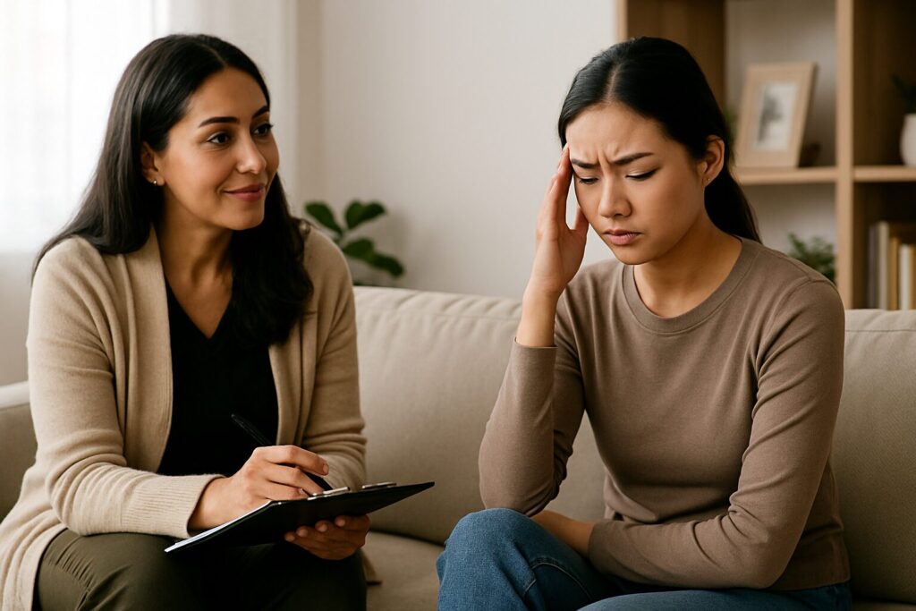“Therapist welcoming client into a calming, coastal-inspired office for CBT therapy in Hermosa Beach.”
