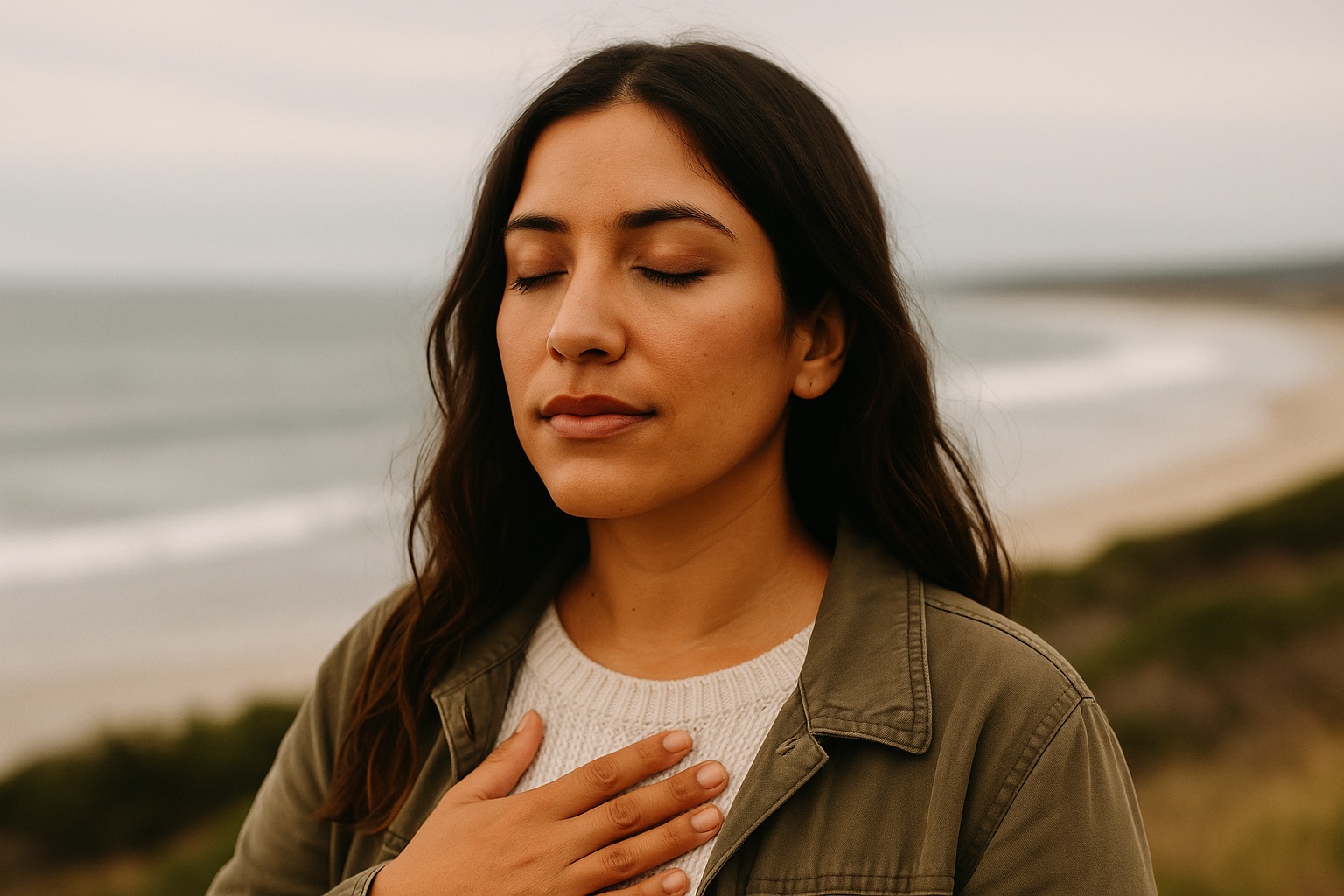 Millennial Hispanic woman practicing grounding breath near the ocean while starting CBT therapy near me in Seal Beach.