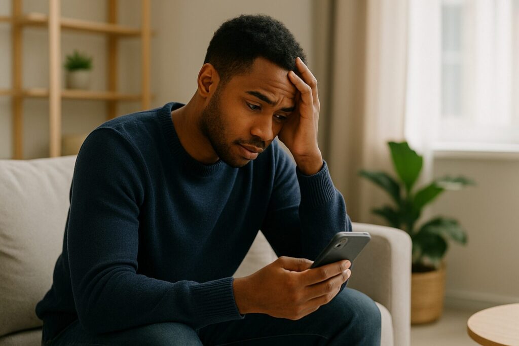 Depression Counseling in Hermosa Beach: What Treatment Really Looks Like 2 “Person sitting indoors with phone in hand, reflecting during a difficult emotional moment”