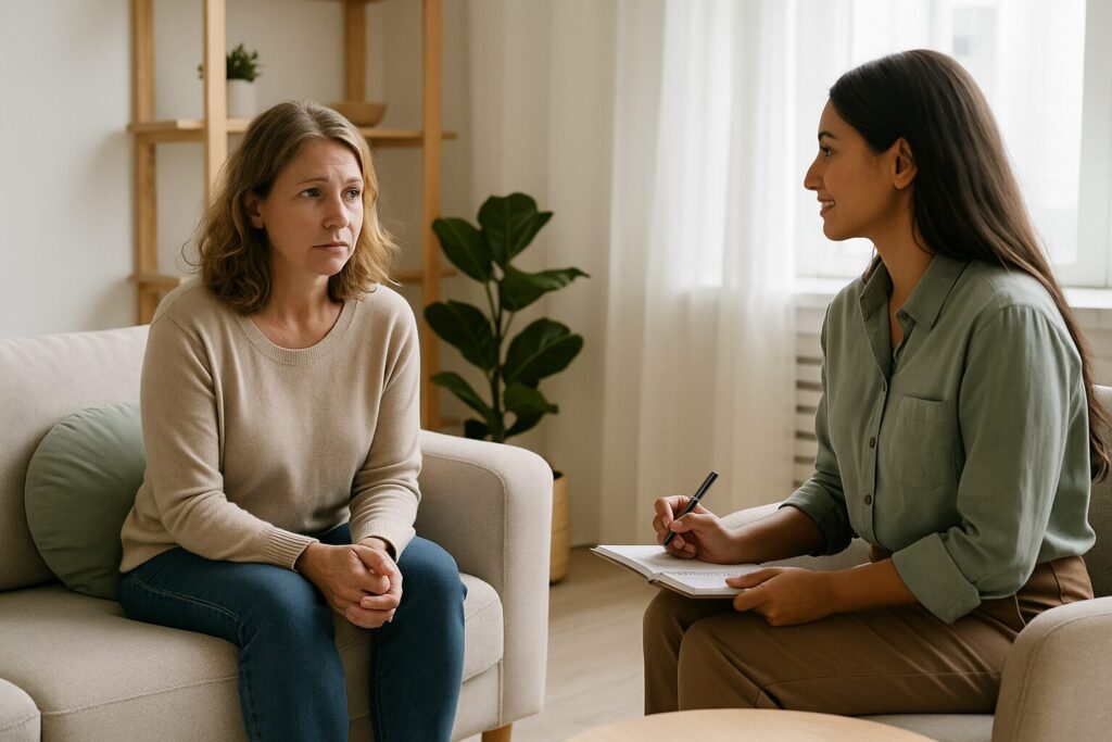 Depression Counseling in Hermosa Beach: What Treatment Really Looks Like 1 “Therapist meeting with a client in a warm, light filled therapy room in Hermosa Beach”