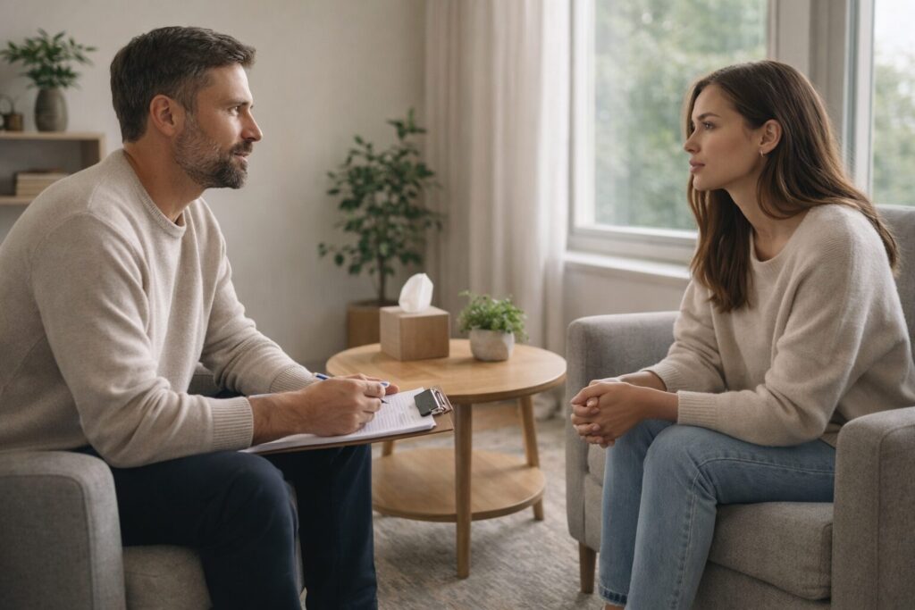 What OCD Intrusive Thoughts Really Mean (and How Therapy Helps in Hermosa Beach) 3 OCD intrusive thoughts therapist providing support during therapy session