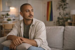 Queer person sitting on a couch in a calm moment while considering therapy for OCD intrusive thoughts