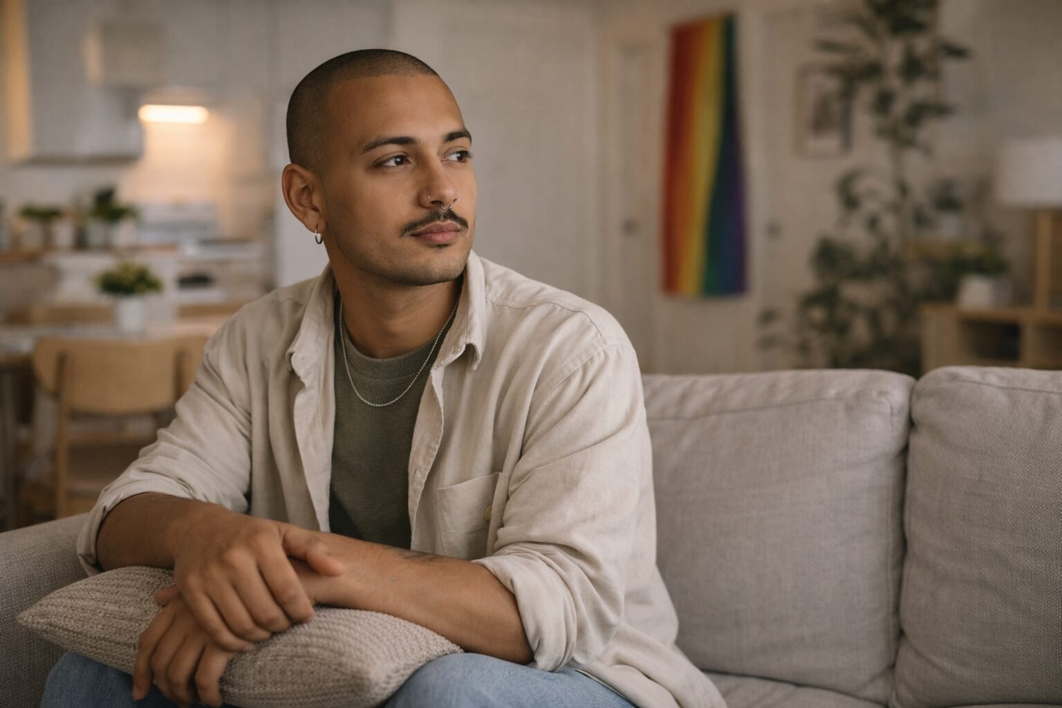Queer person sitting on a couch in a calm moment while considering therapy for OCD intrusive thoughts