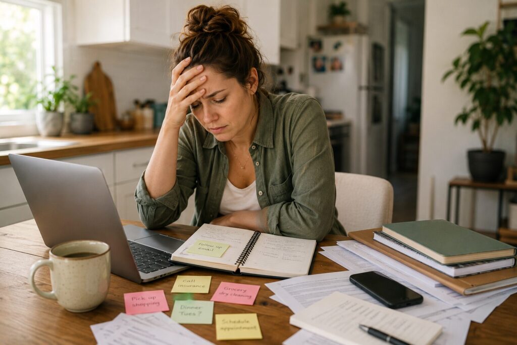 Woman feeling overwhelmed while managing work, family responsibilities, and multiple unfinished tasks.