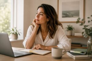 Woman reflecting at a desk while learning about ADHD symptoms in women and signs that often go unrecognized until adulthood.
