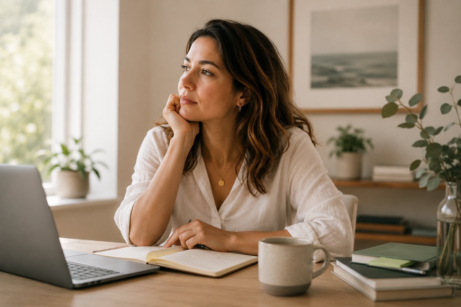 Woman reflecting at a desk while learning about ADHD symptoms in women and signs that often go unrecognized until adulthood.