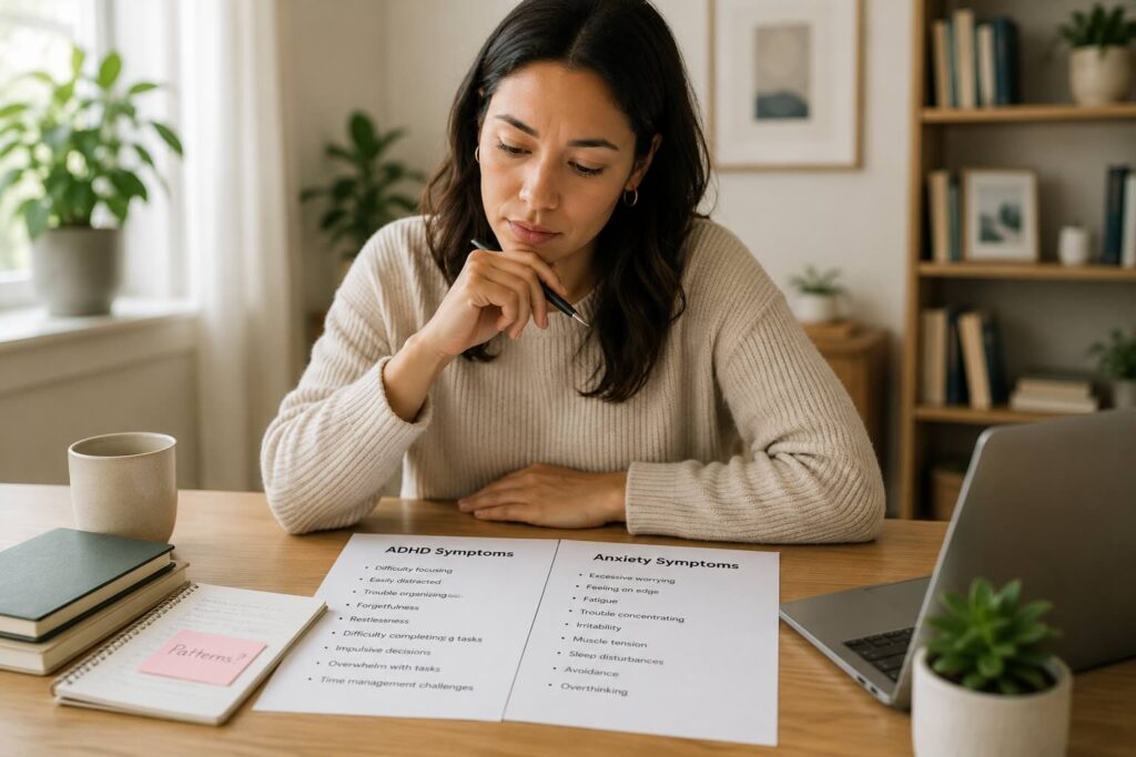 Woman thoughtfully comparing ADHD symptoms and anxiety symptoms