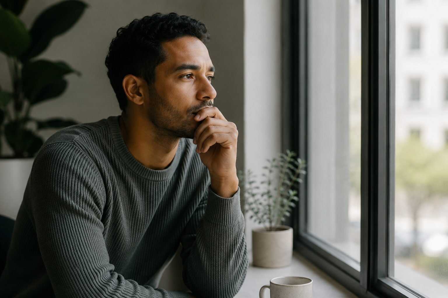 Man gazing thoughtfully out a window, caught in overthinking and rumination tied to ADHD and perfectionism