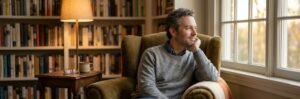A man sitting quietly by a window, reflecting on his past during EMDR therapy for childhood trauma