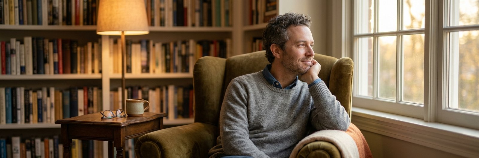 A man sitting quietly by a window, reflecting on his past during EMDR therapy for childhood trauma