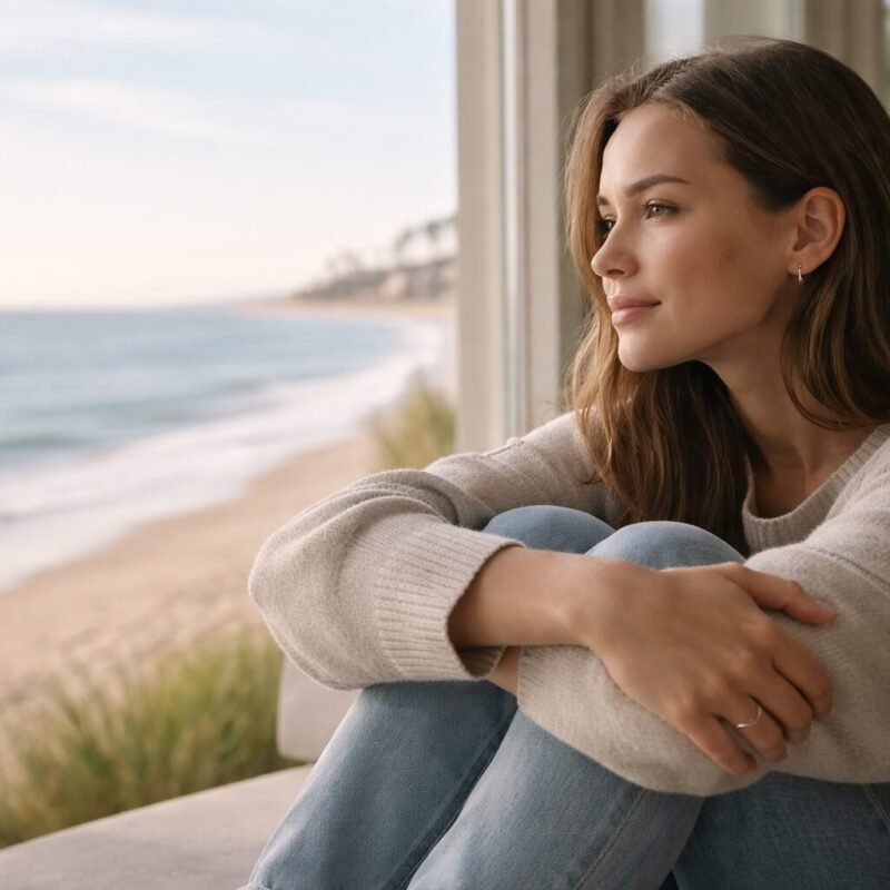 Woman smiling while looking at the ocean near Seal Beach, representing hope, healing, and personal growth through therapy.