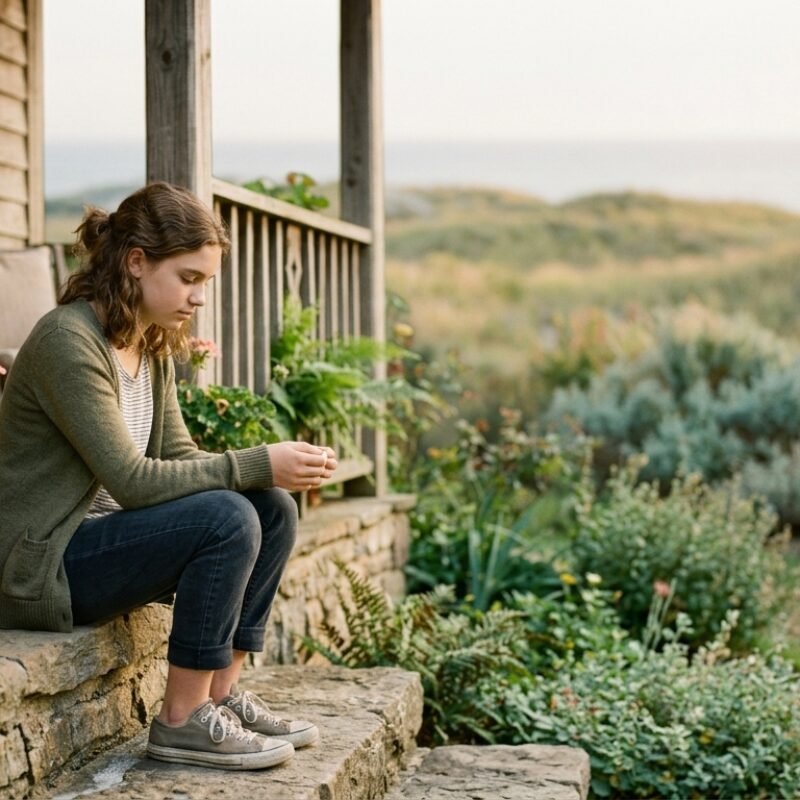 Teenage girl sitting quietly on a porch, reflecting during therapy for anxiety and self-esteem with Hannah Blackmore, APCC