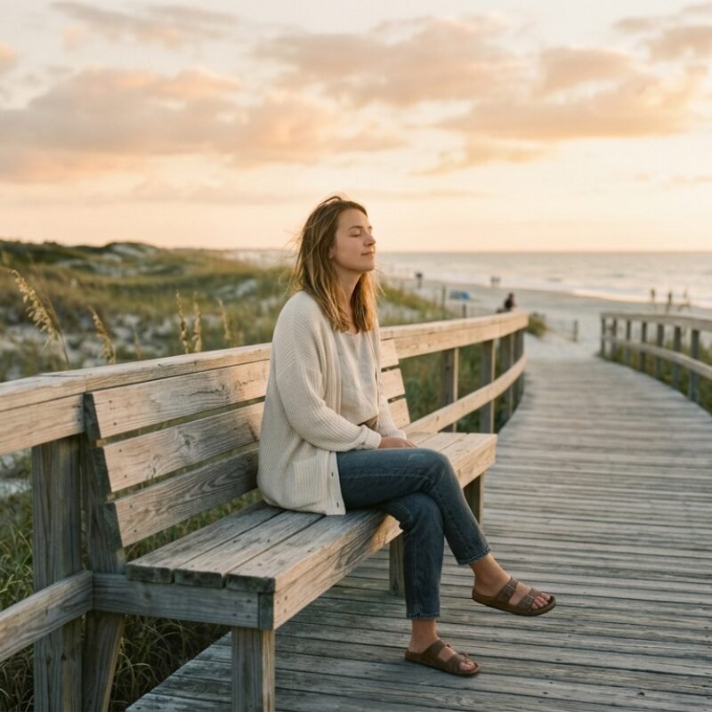 Young adult finding calm on a coastal boardwalk, therapy for stress and mindfulness with Hannah Blackmore, APCC